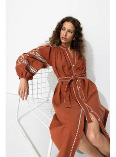 Robe-chemise Brodée Femme - Marron Uni Clair