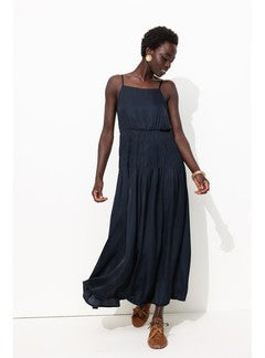 Robe à Bretelles en Satin - Bleu Uni Fonce