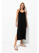 Robe Longue à Fines Bretelles - Noir Uni Fonce