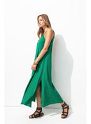 Robe Longue à Fines Bretelles - Vert Uni Colore