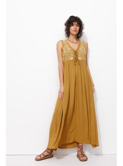 Robe Longue Brodée Femme - Marron Uni Fonce