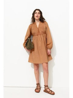 Robe Brodée en Coton Femme - Rose Uni Colore