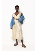 Robe Midi Plissée Lamée Femme - Naturel Uni Clair