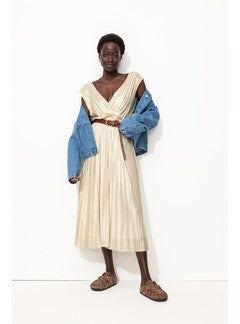 Robe Midi Plissée Lamée Femme - Naturel Uni Clair