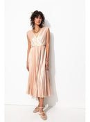 Robe Midi Plissée Lamée Femme - Rose Uni Colore