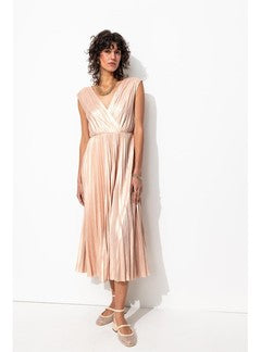 Robe Midi Plissée Lamée Femme - Rose Uni Colore