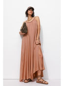 Robe Longue à Bretelles Femme - Rose Uni Colore