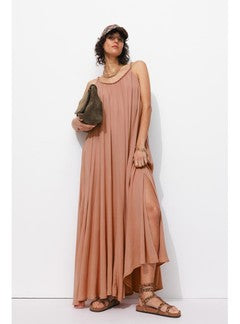 Robe Longue à Bretelles Femme - Rose Uni Colore