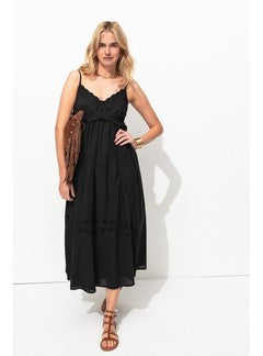 Robe Brodée à Fines Bretelles - Noir Uni Fonce