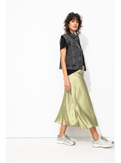 Jupe Mi-longue en Satin Uni - Vert Uni Colore