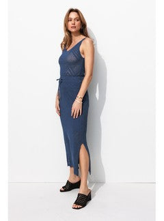 Jupe Midi en Maille Filet - Bleu Uni Colore