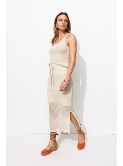 Jupe Midi en Maille Filet - Naturel Uni Clair
