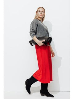 Jupe Midi en Satin Femme - Rouge Uni Colore