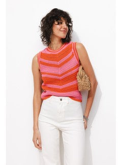 Pull au Crochet Bicolore Femme - Multicolore Raye