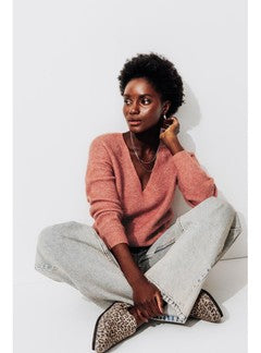 Pull Côtelé Col V Femme - Rose Uni Colore