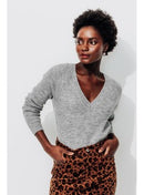 Pull Côtelé Col V Femme - Gris Uni Clair