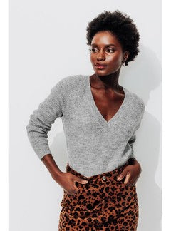 Pull Côtelé Col V Femme - Gris Uni Clair
