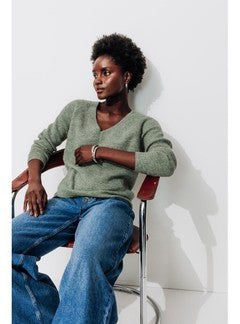 Pull Côtelé Col V Femme - Gris Uni Fonce