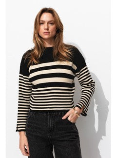 Pull Côtelé Marinière Femme - Noir Raye