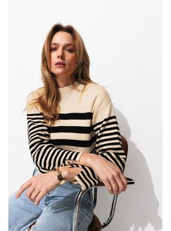 Pull Côtelé Marinière Femme - Naturel Raye