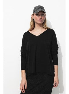 Pull Fin Ajouré Col V Femme - Noir Uni Fonce