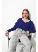 Pull Fin Ajouré Col V Femme - Bleu Uni Colore