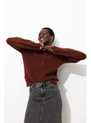 Pull Côtelé Boutonné Femme - Marron Uni Fonce