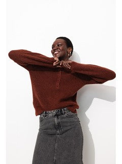 Pull Côtelé Boutonné Femme - Marron Uni Fonce