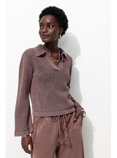 Pull en Coton Col Polo Femme - Violet Uni Colore