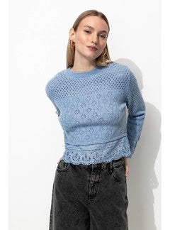 Pull Ajouré Effet Superposé - Bleu Uni Colore