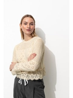 Pull Ajouré Effet Superposé - Naturel Uni Clair