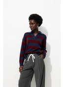 Pull Polo Rayé Femme - Bleu Raye