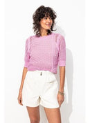 Pull Ajouré Manches Courtes - Rose Uni Colore