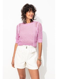 Pull Ajouré Manches Courtes - Rose Uni Colore