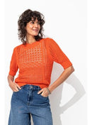 Pull Ajouré Manches Courtes - Orange Uni Colore