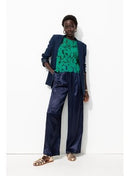 Billy Pantalon en Satin Femme - Bleu Uni Fonce