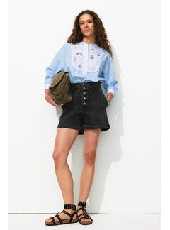 Short en Jean à Boutons Femme - Noir Uni Fonce