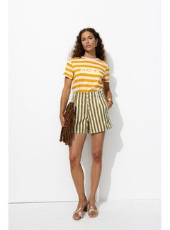 Short Rayé à Boutons Apparents - Kaki Raye
