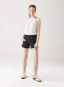 Short en Toile Unie Femme - Noir Uni Fonce