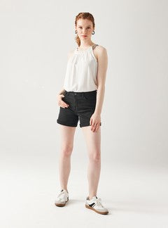 Short en Toile Unie Femme - Noir Uni Fonce