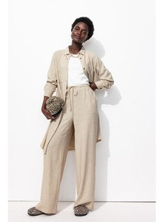 Pantalon Large Taille Haute - Naturel Uni Clair