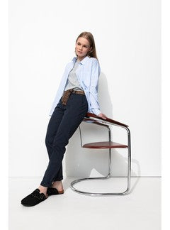 Pantalon Chino Ceinturé Femme - Bleu Uni Fonce