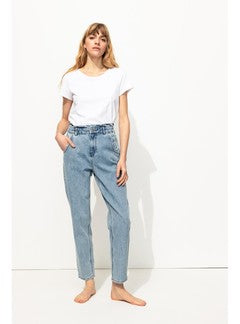 Jean Carrot Paper Bag Femme - Jeans Uni Fonce