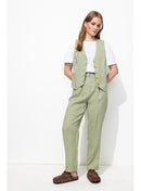 Pantalon à Pinces Taille Haute - Kaki Uni Clair