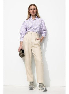 Pantalon à Pinces Taille Haute - Naturel Uni Clair