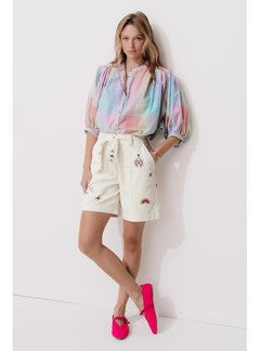 Short Brodé en Toile Sergé - Naturel Uni Clair