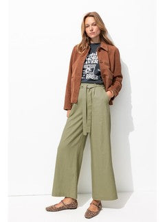 Pantalon Large en Lin Mélangé - Kaki Uni Clair