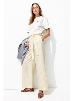 Pantalon Large en Lin Mélangé - Naturel Raye