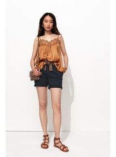 Short à Pinces Ceinturé - Bleu Uni Fonce