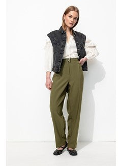 Pantalon de Tailleur Femme - Kaki Uni Fonce